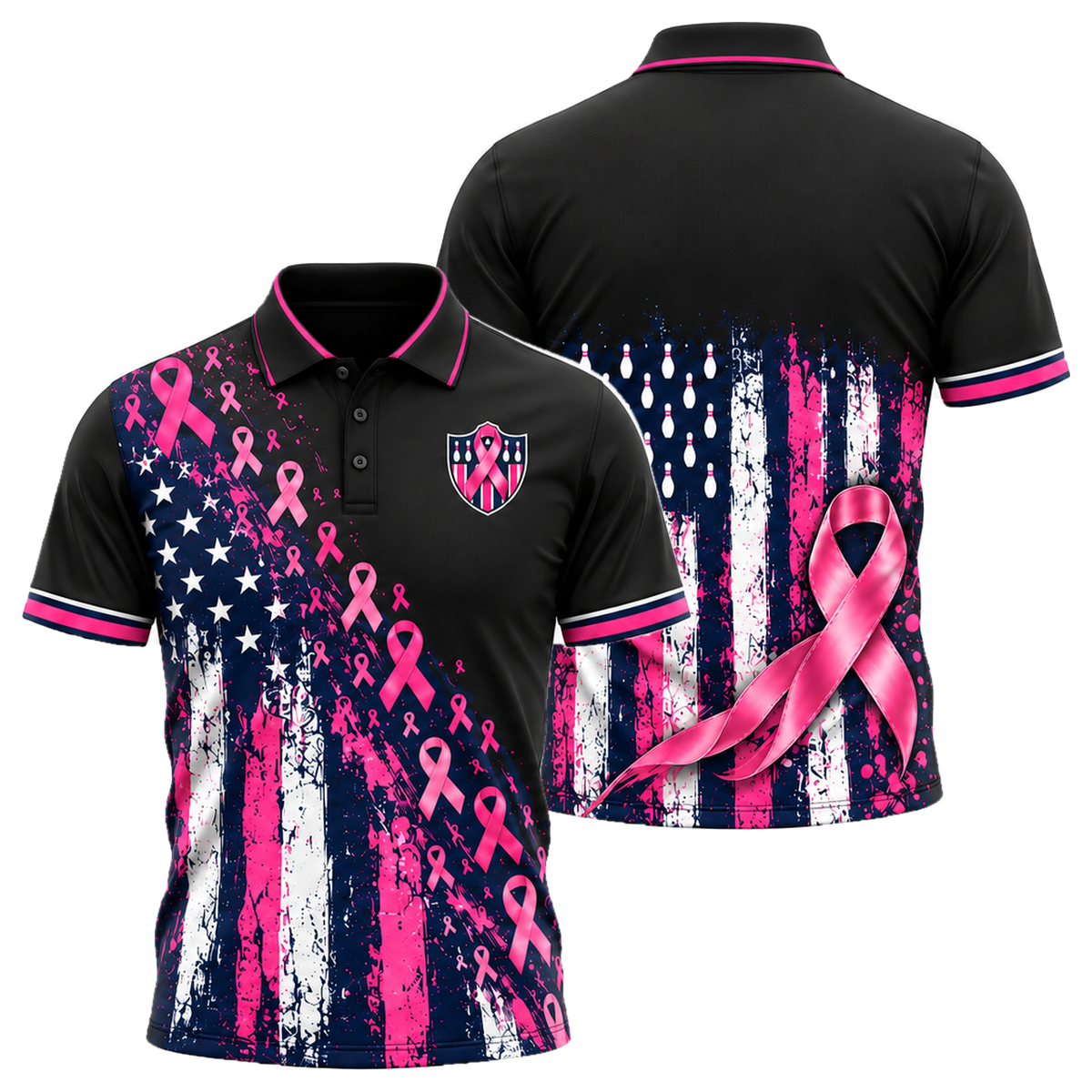 Pink Ribbon Old Glory Unisex Polo in Pink & Navy