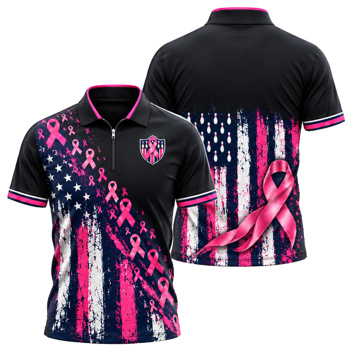 Pink Ribbon Old Glory Quarter-Zip Polo in Pink & Navy