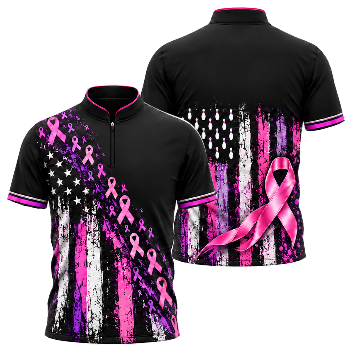 Pink Ribbon Old Glory Bowling Jersey in Pink & Purple