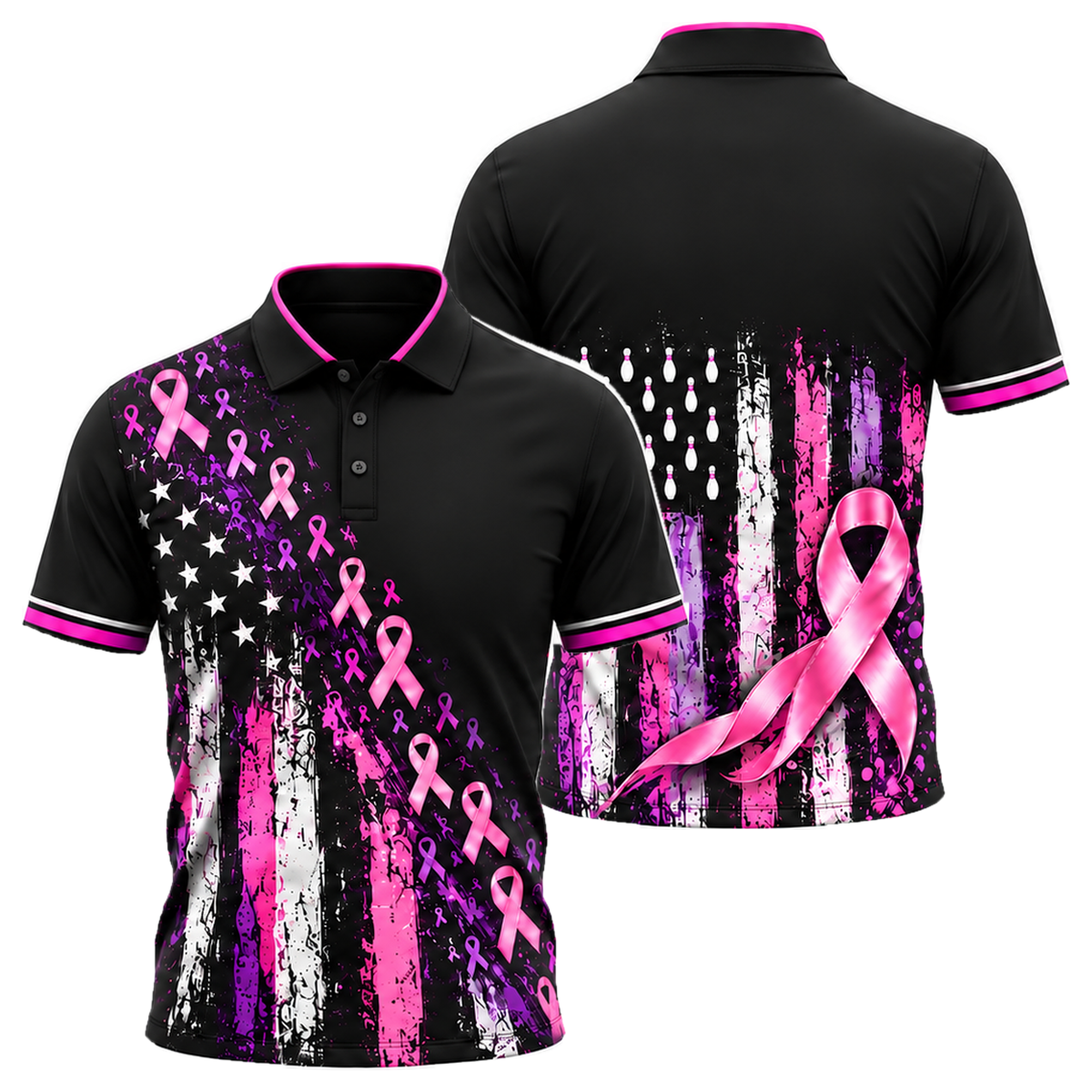 Pink Ribbon Old Glory Unisex Polo in Pink & Purple