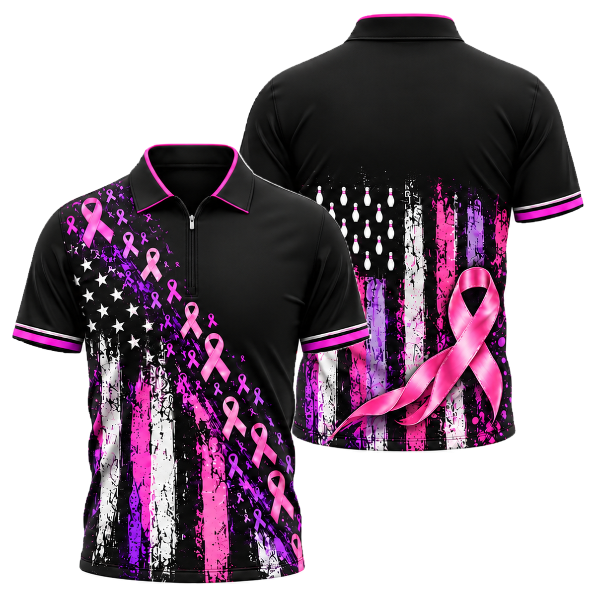 Pink Ribbon Old Glory Quarter-Zip Polo in Pink & Purple
