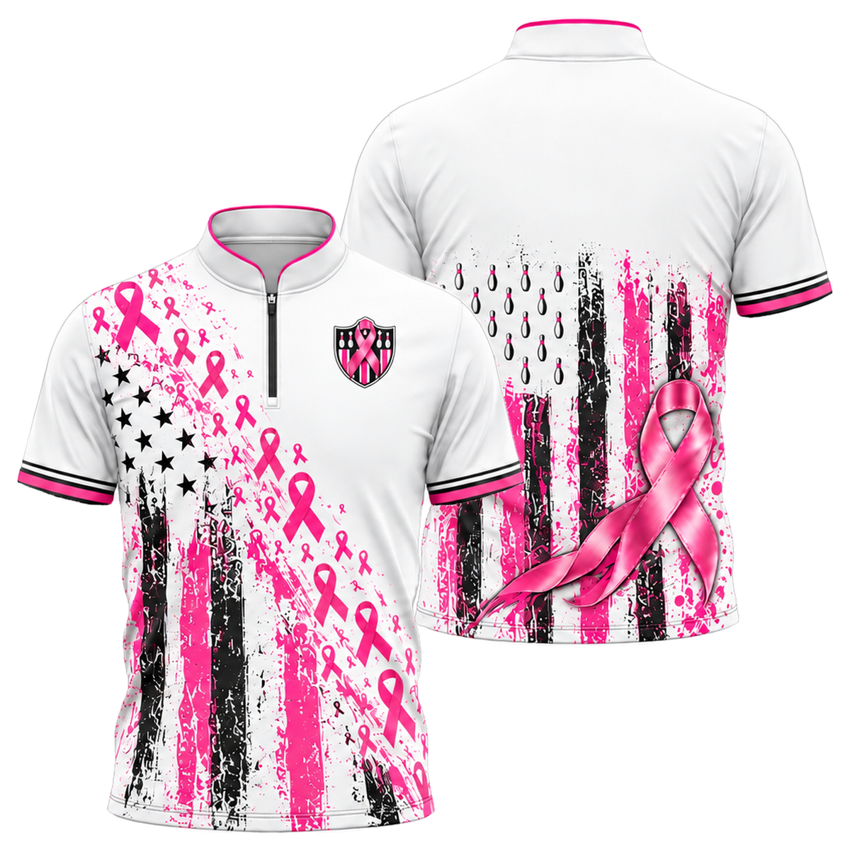 Pink Ribbon Old Glory Bowling Jersey in Pink & White