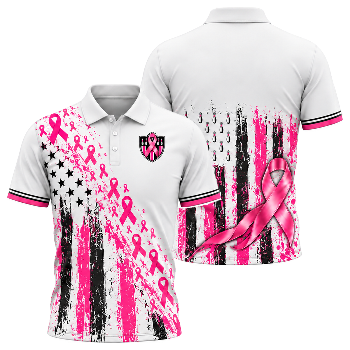 Pink Ribbon Old Glory Unisex Polo in Pink & White