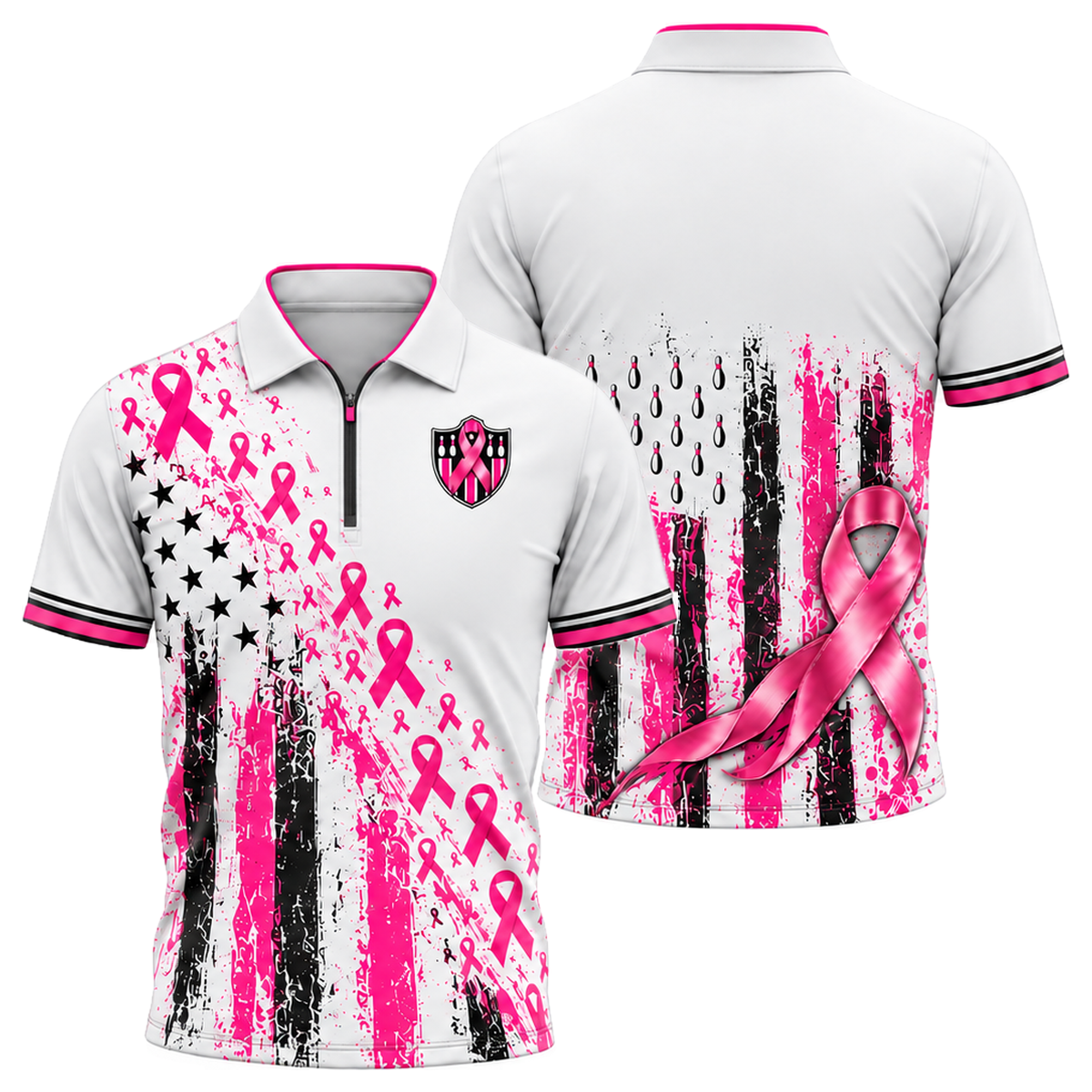 Pink Ribbon Old Glory Quarter-Zip Polo in Pink & White