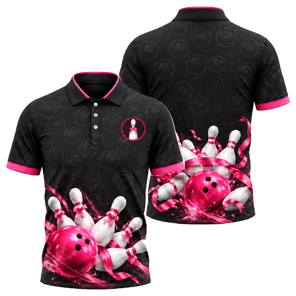 Ribbon Tied Pins Unisex Polo in Pink & Black