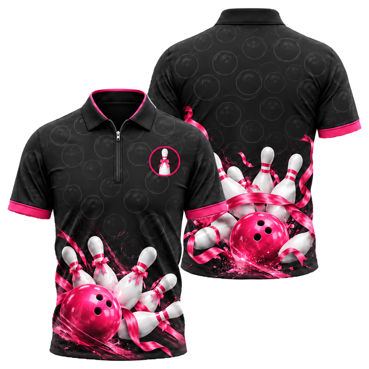 Ribbon Tied Pins Quarter-Zip Polo in Pink & Black