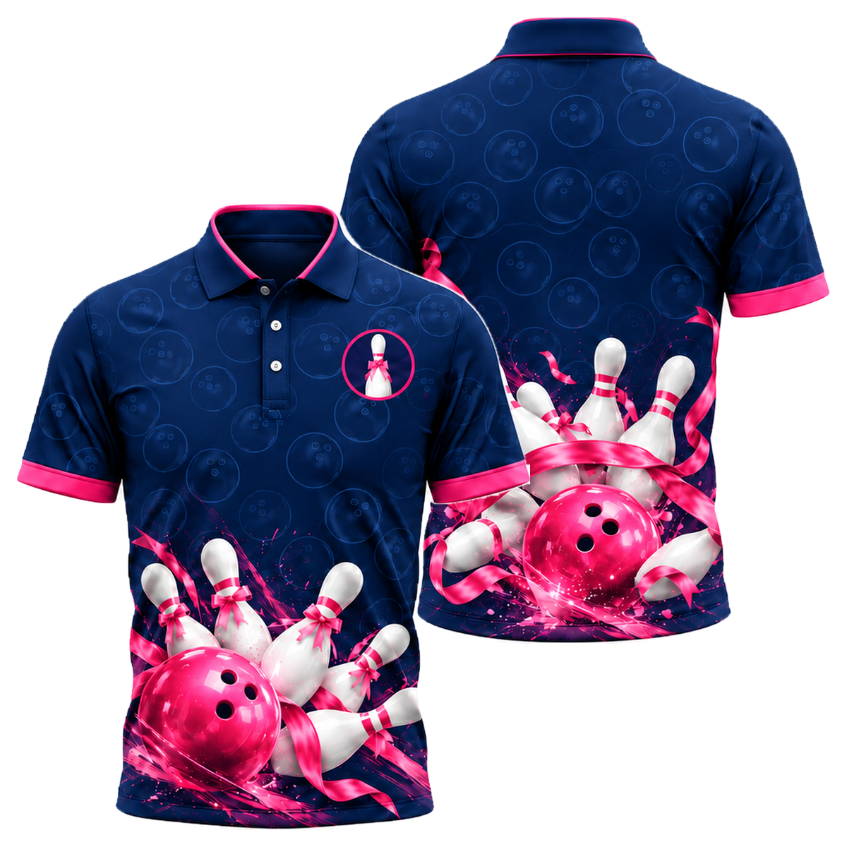 Ribbon Tied Pins Unisex Polo in Pink & Navy