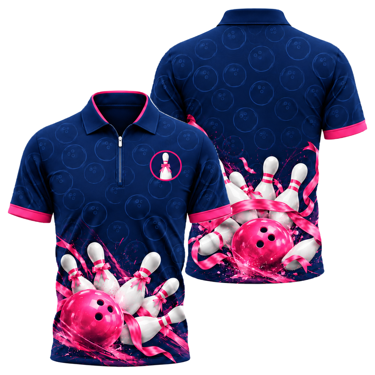 Ribbon Tied Pins Quarter-Zip Polo in Pink & Navy