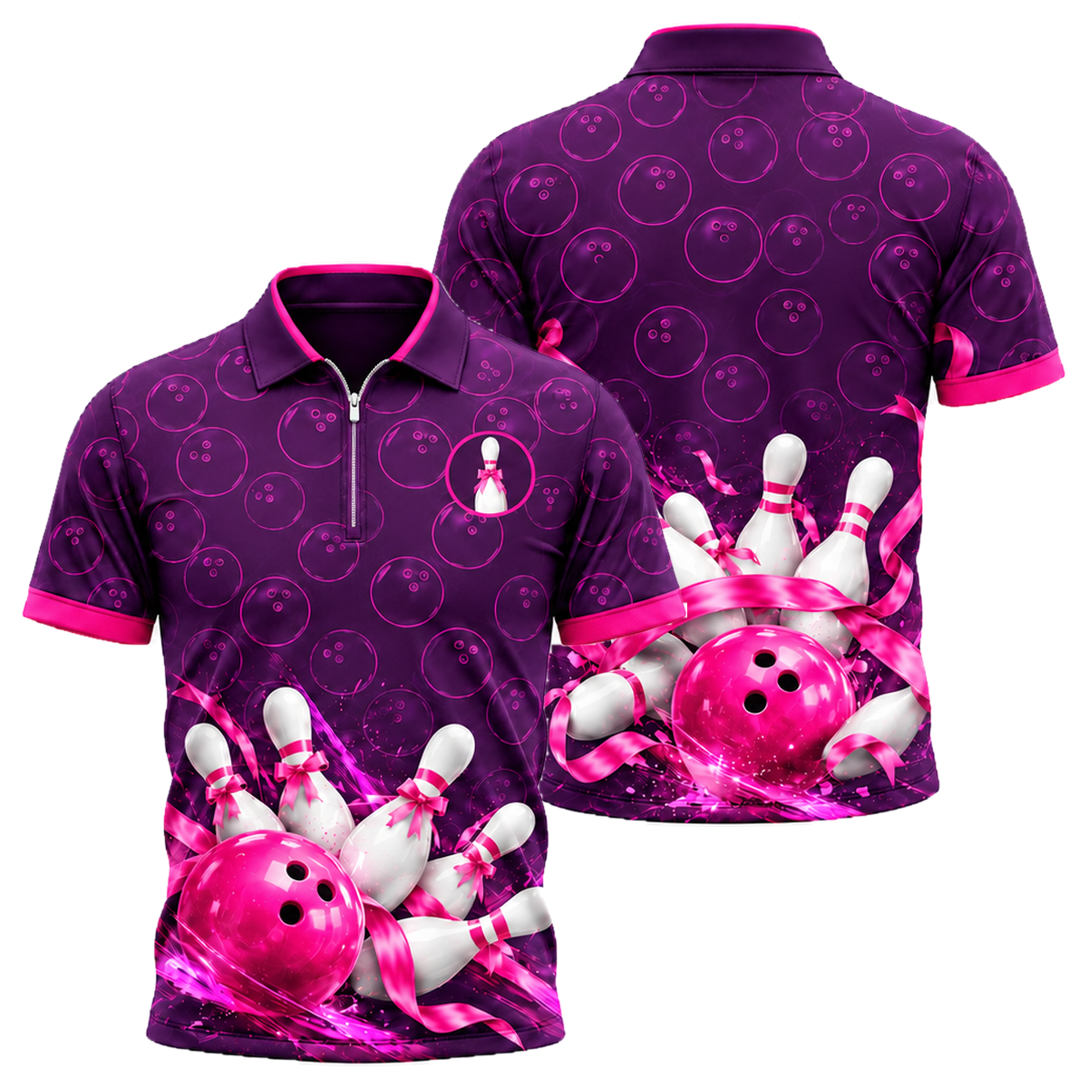 Ribbon Tied Pins Quarter-Zip Polo in Pink & Purple