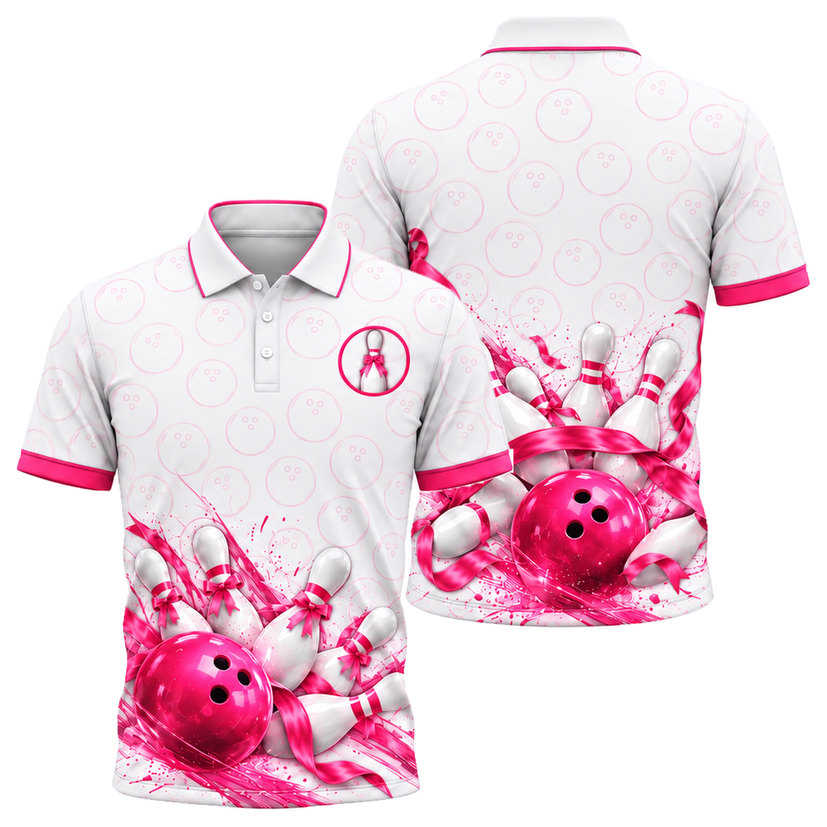 Ribbon Tied Pins Unisex Polo in Pink & White