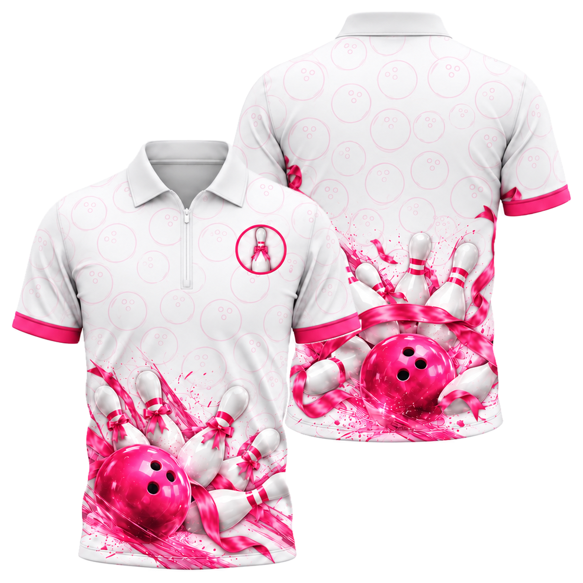 Ribbon Tied Pins Quarter-Zip Polo in Pink & White