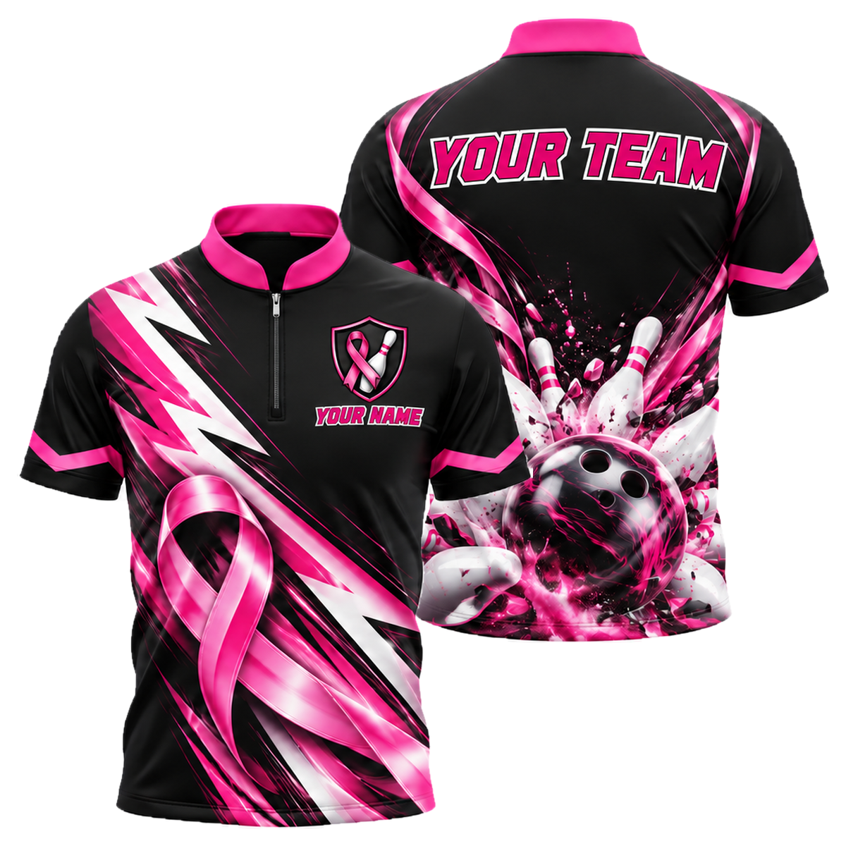 Ribbon Chevron Charge custom bowling shirt personalized with name and team name
