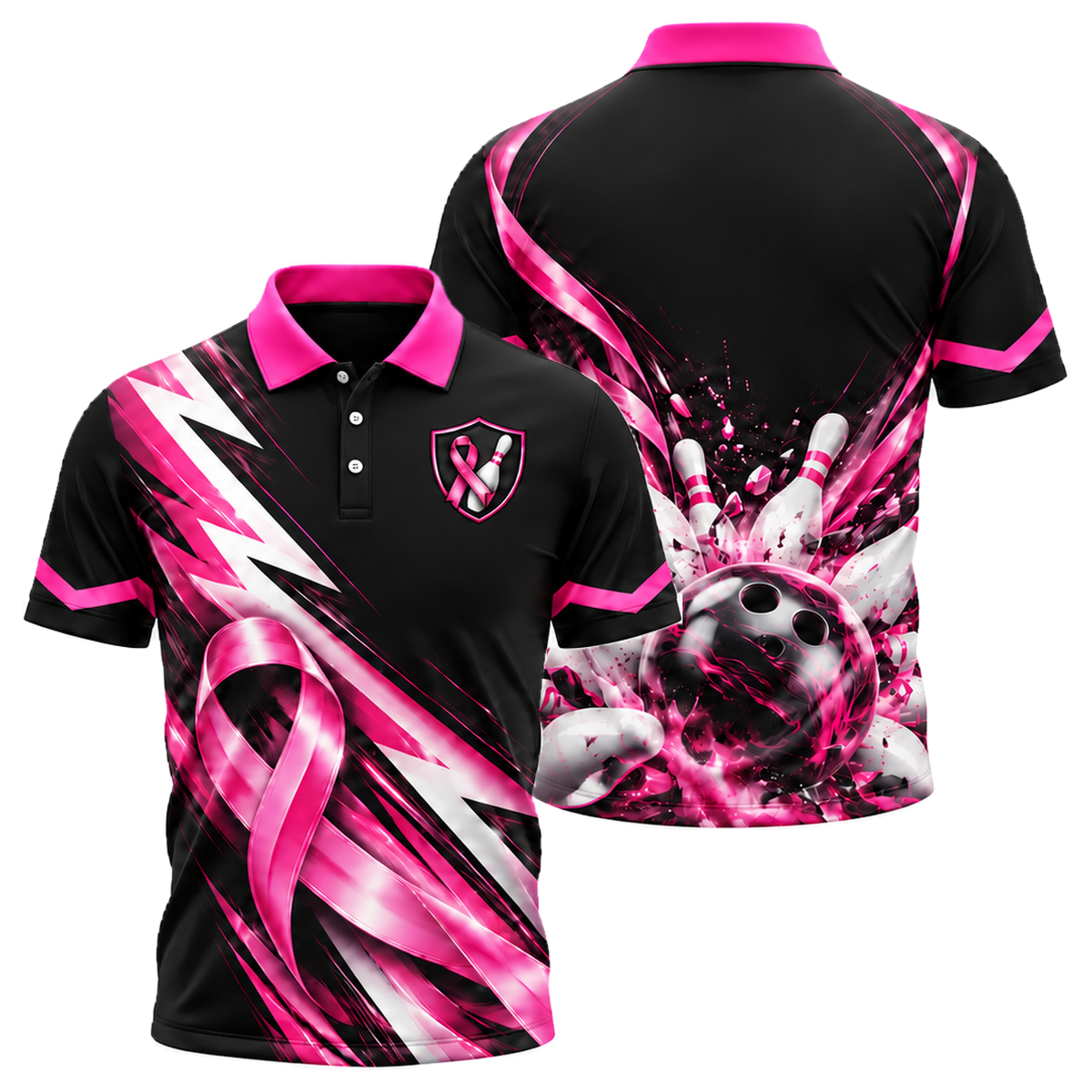 Ribbon Chevron Charge Unisex Polo in Pink & Black
