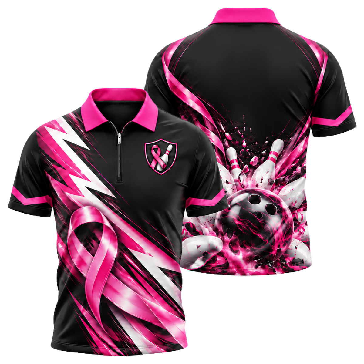 Ribbon Chevron Charge Quarter-Zip Polo in Pink & Black
