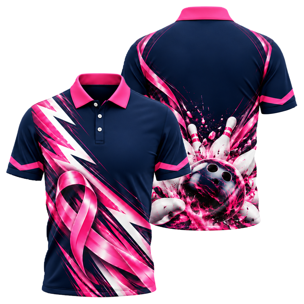 Ribbon Chevron Charge Unisex Polo in Pink & Navy