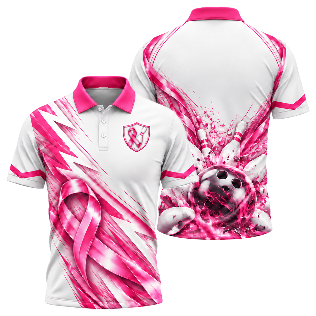 Ribbon Chevron Charge Unisex Polo in Pink & White