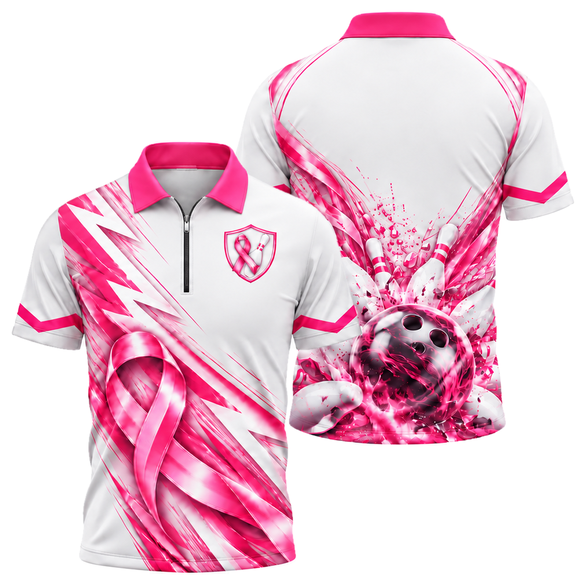 Ribbon Chevron Charge Quarter-Zip Polo in Pink & White