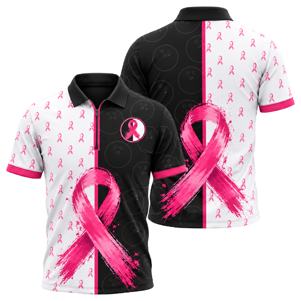 Split Lane Ribbon Quarter-Zip Polo in Pink & Black