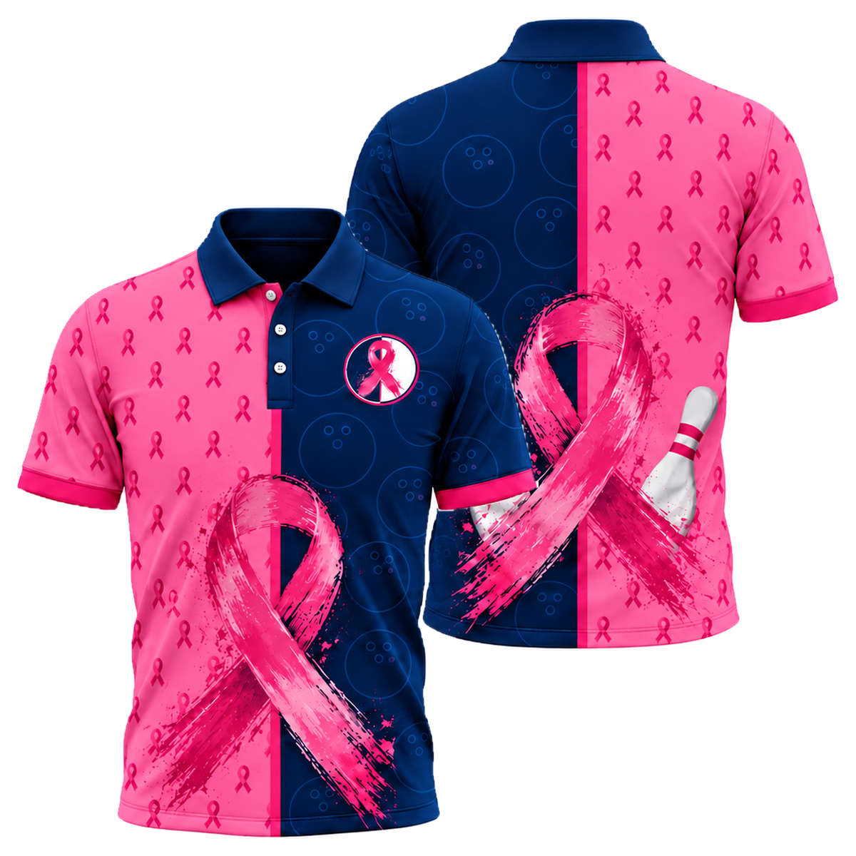 Split Lane Ribbon Unisex Polo in Pink & Navy