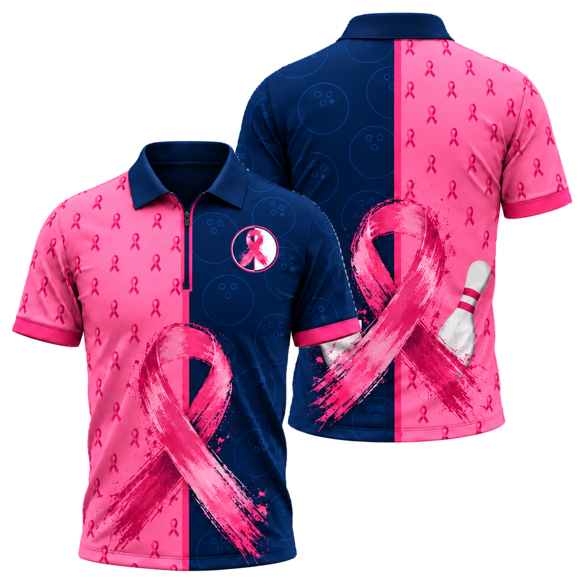 Split Lane Ribbon Quarter-Zip Polo in Pink & Navy