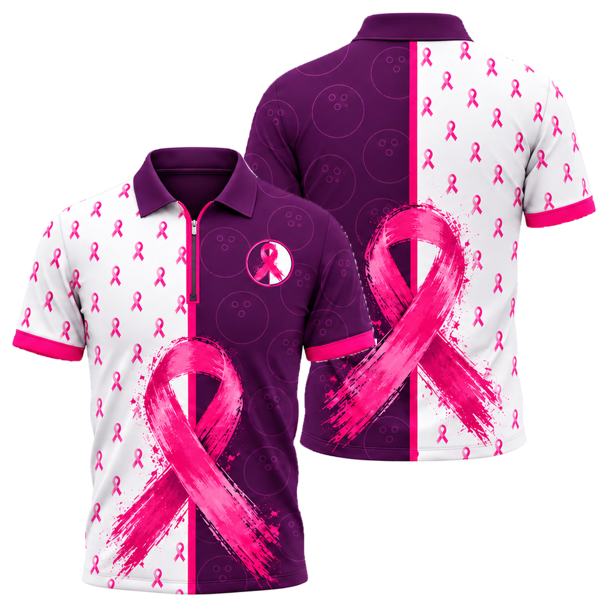 Split Lane Ribbon Quarter-Zip Polo in Pink & Purple