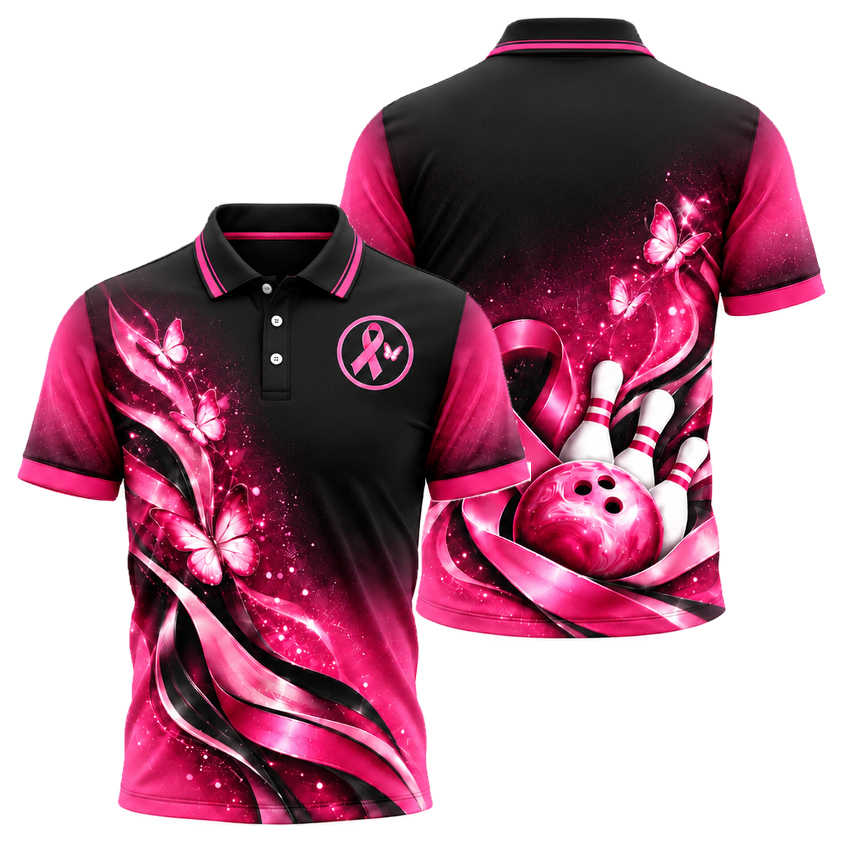 Butterfly Ribbon Dream Unisex Polo in Pink & Black