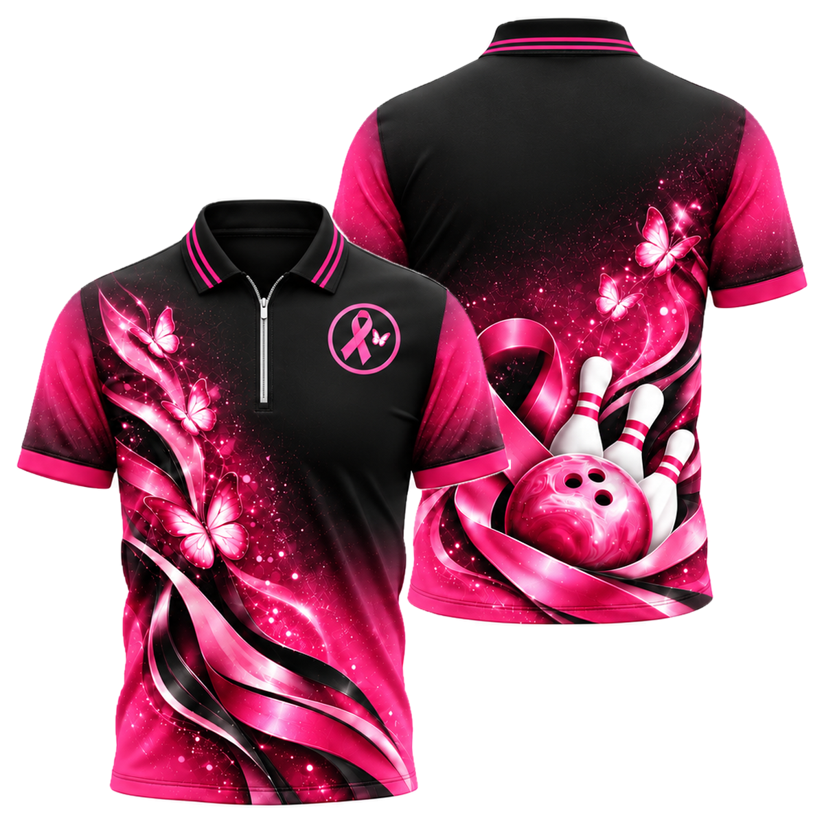 Butterfly Ribbon Dream Quarter-Zip Polo in Pink & Black