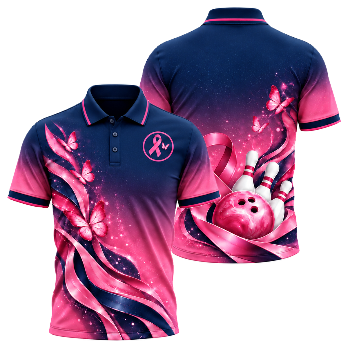 Butterfly Ribbon Dream Unisex Polo in Pink & Navy