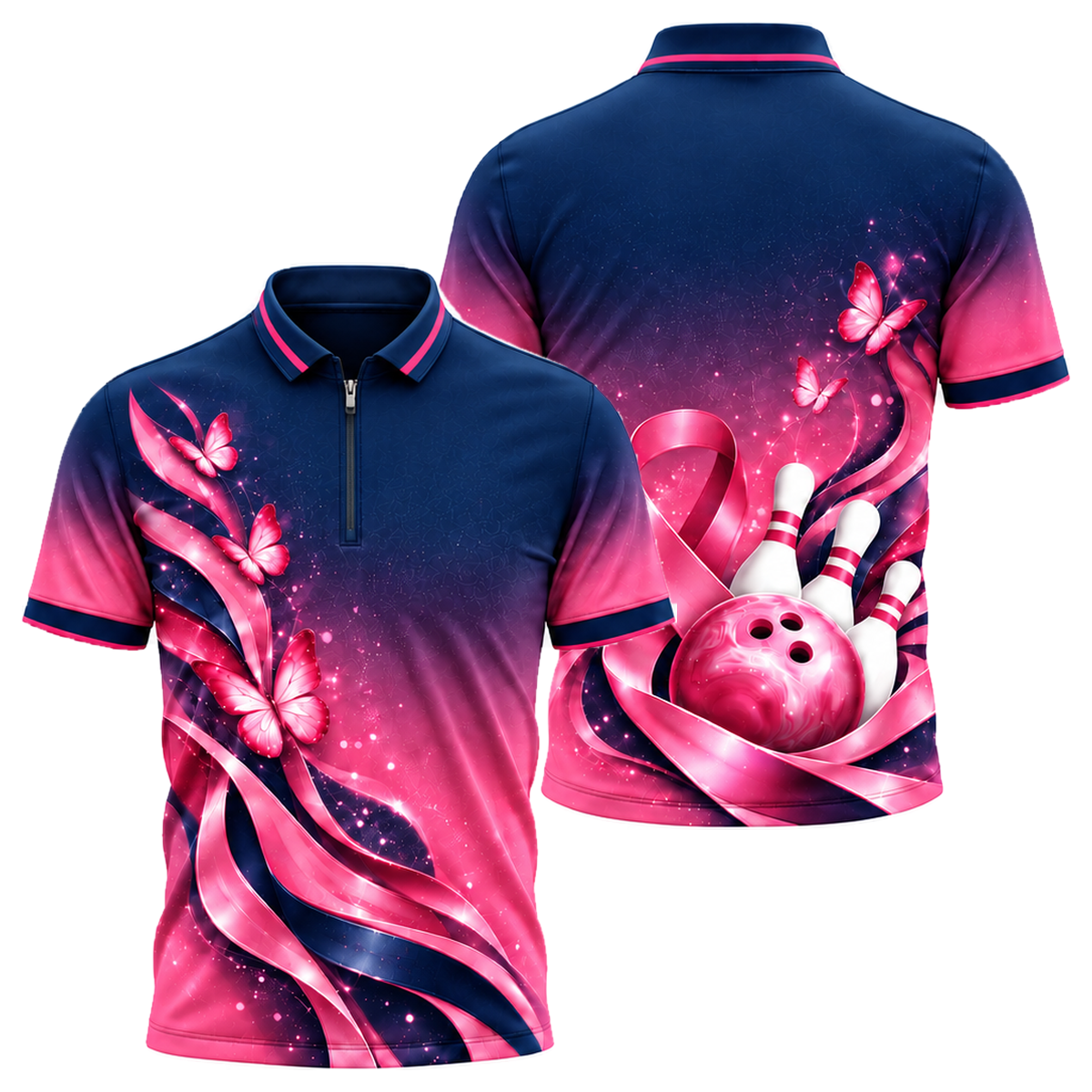 Butterfly Ribbon Dream Quarter-Zip Polo in Pink & Navy