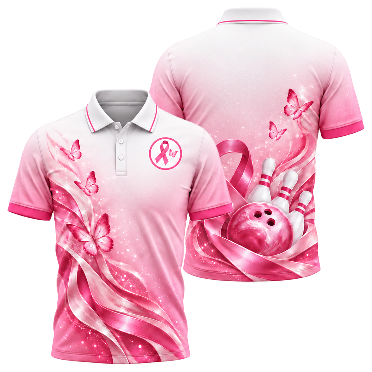 Butterfly Ribbon Dream Unisex Polo in Pink & White