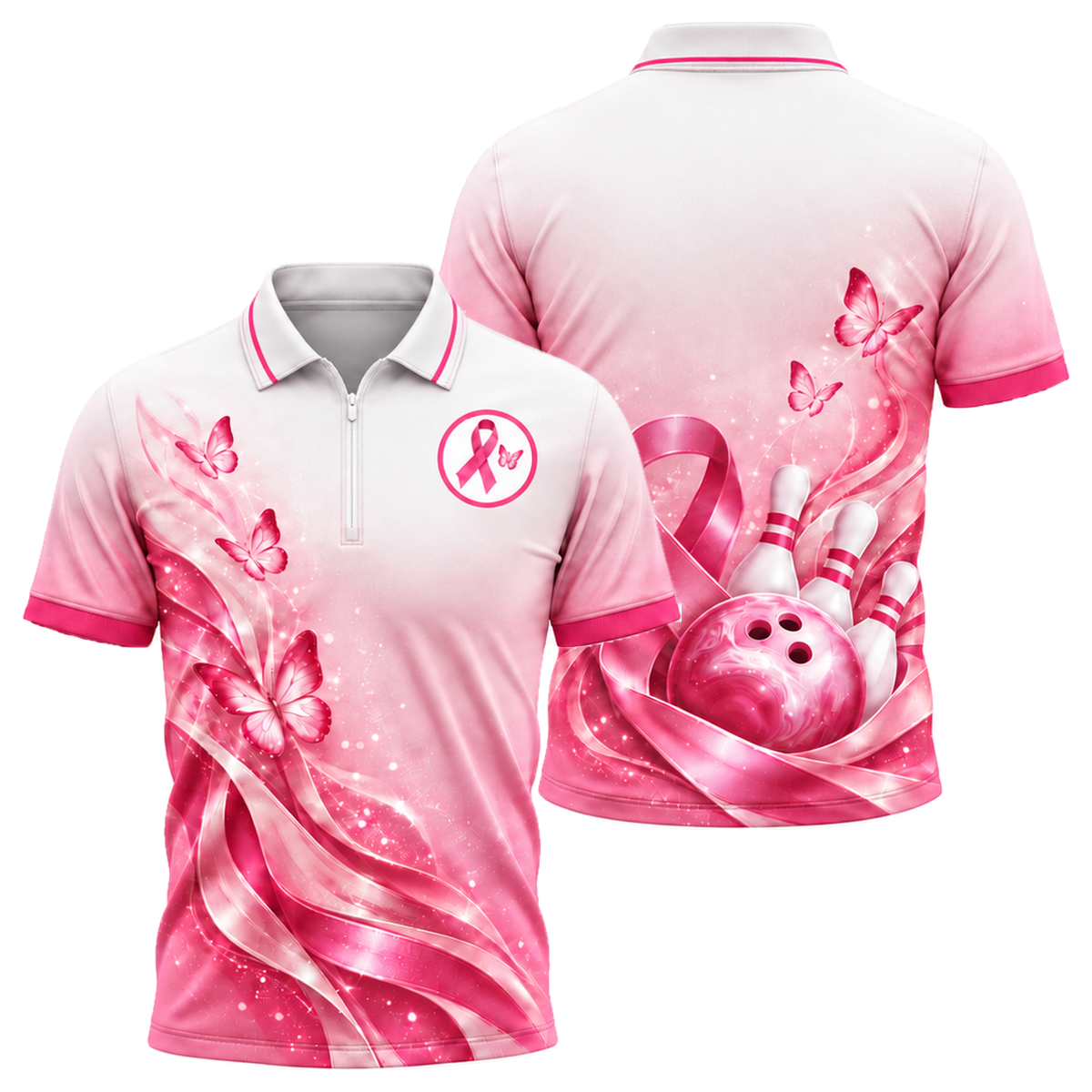 Butterfly Ribbon Dream Quarter-Zip Polo in Pink & White