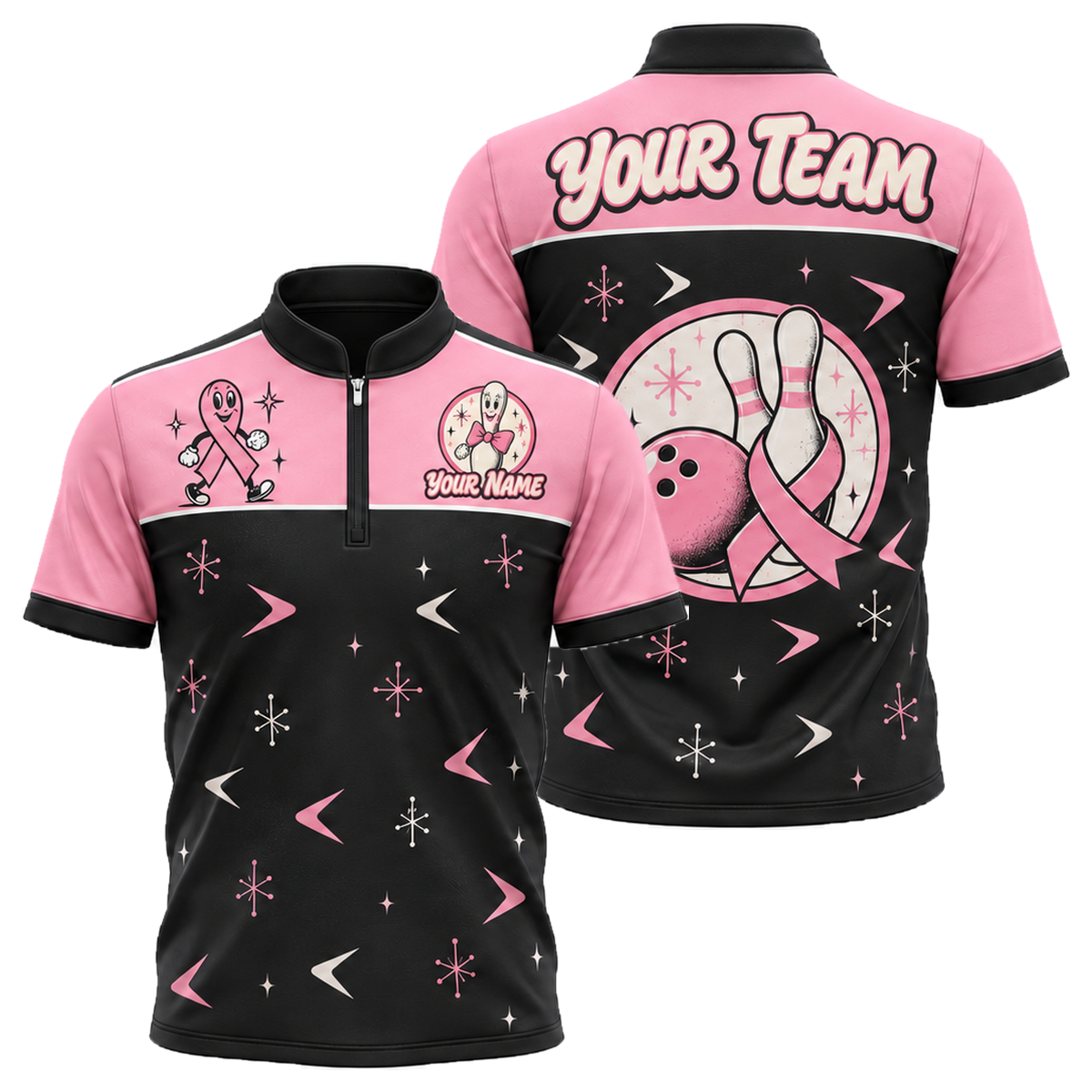 Retro Ribbon Lanes custom bowling shirt personalized with name and team name