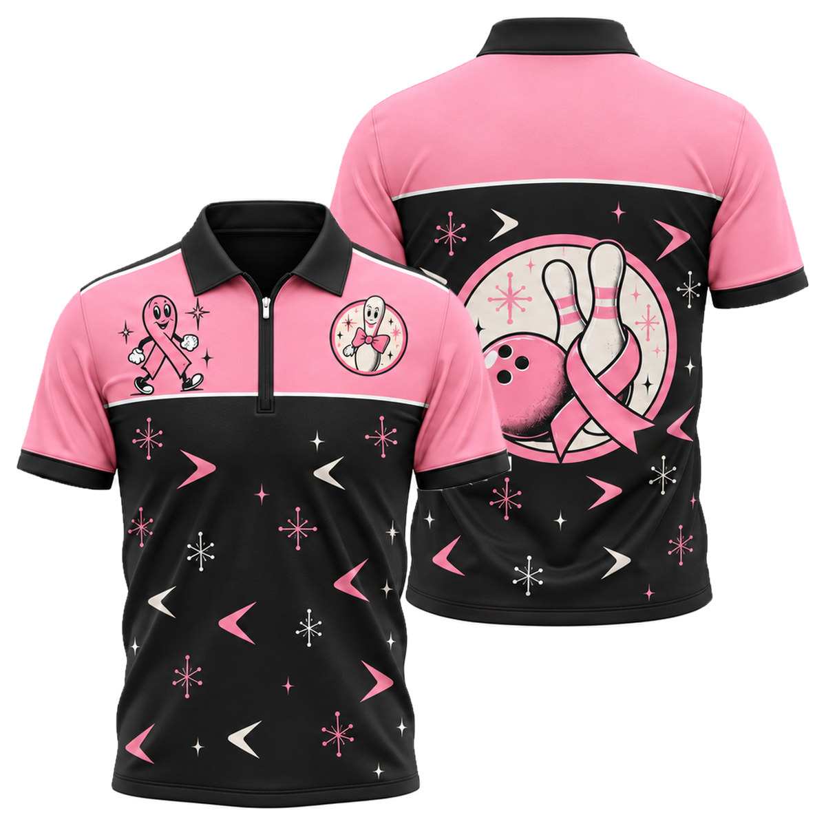Retro Ribbon Lanes Quarter-Zip Polo in Pink & Black