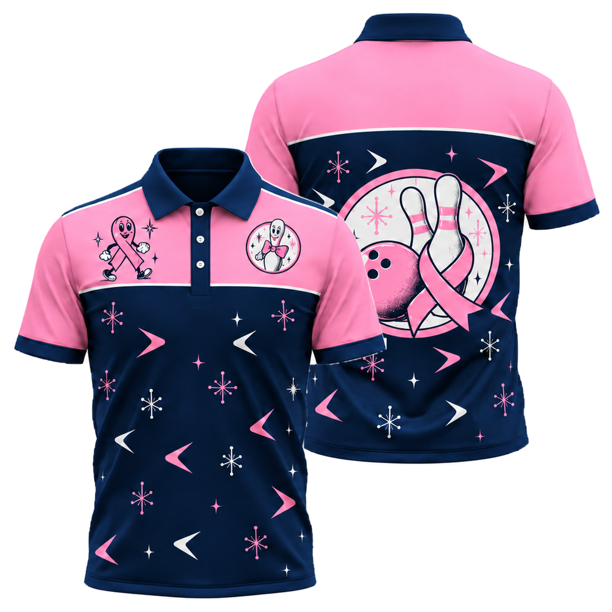 Retro Ribbon Lanes Unisex Polo in Pink & Navy