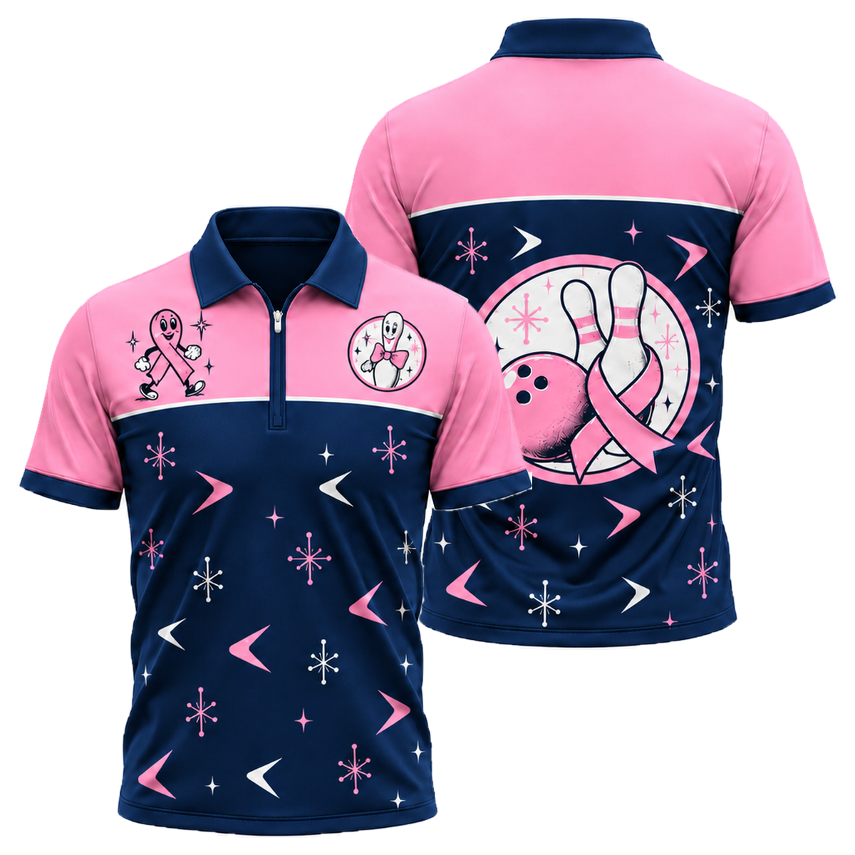 Retro Ribbon Lanes Quarter-Zip Polo in Pink & Navy