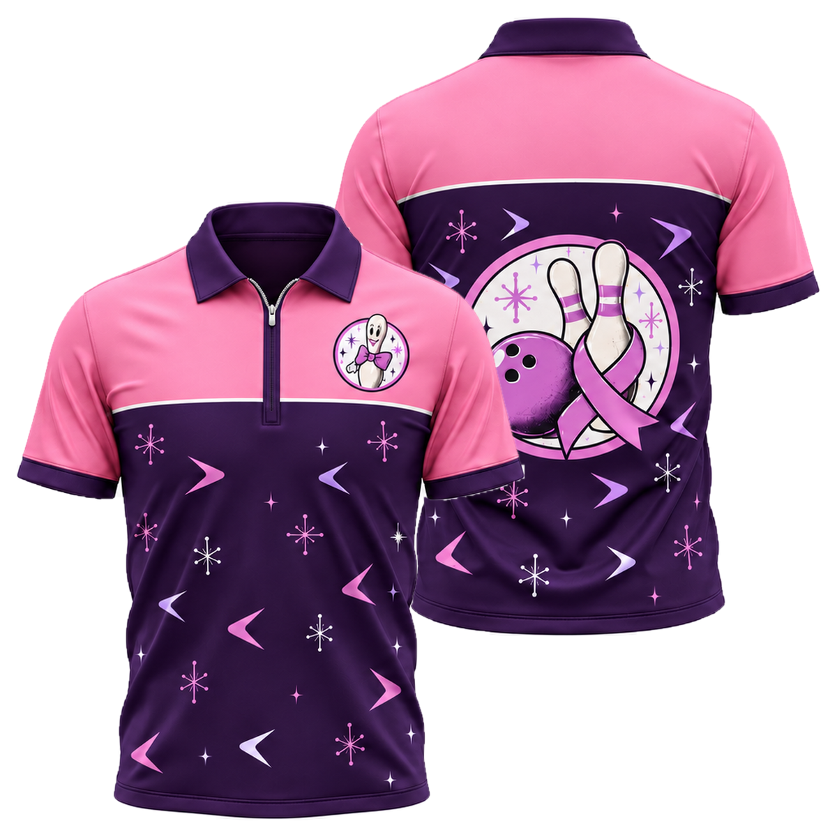 Retro Ribbon Lanes Quarter-Zip Polo in Pink & Purple