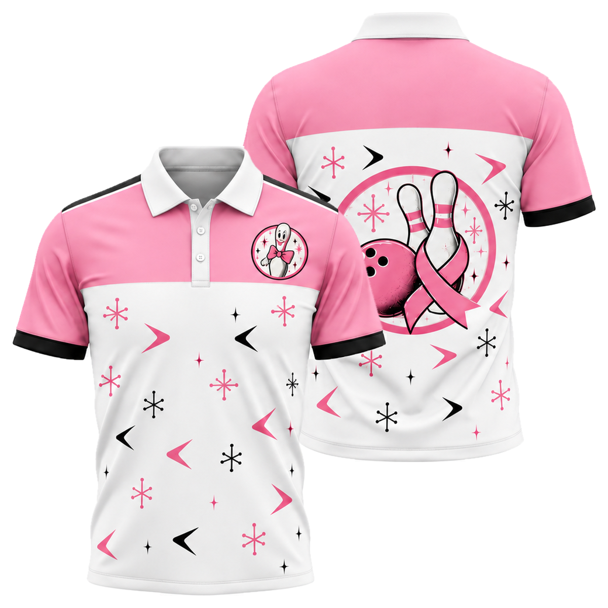Retro Ribbon Lanes Unisex Polo in Pink & White