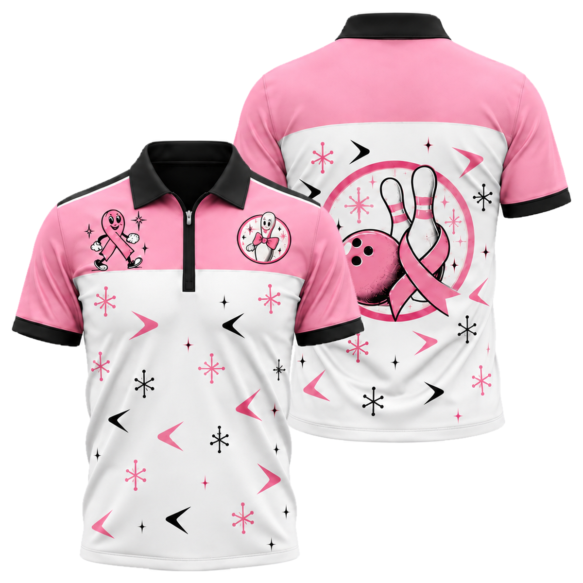 Retro Ribbon Lanes Quarter-Zip Polo in Pink & White
