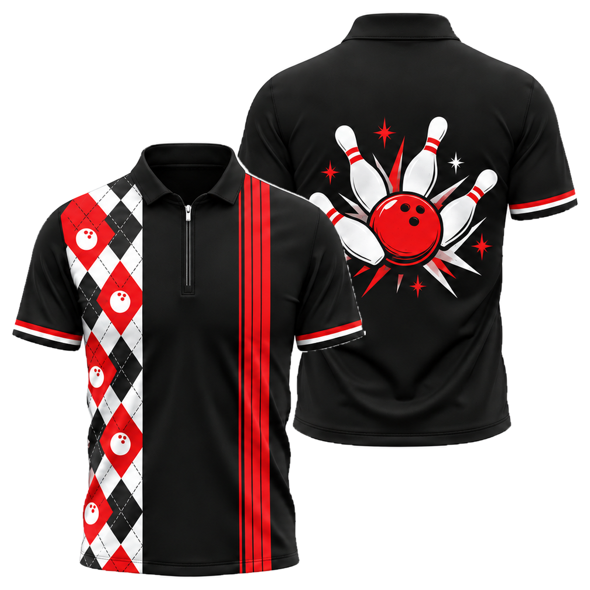 Diamond Lanes Classic Quarter-Zip Polo in Black & Red
