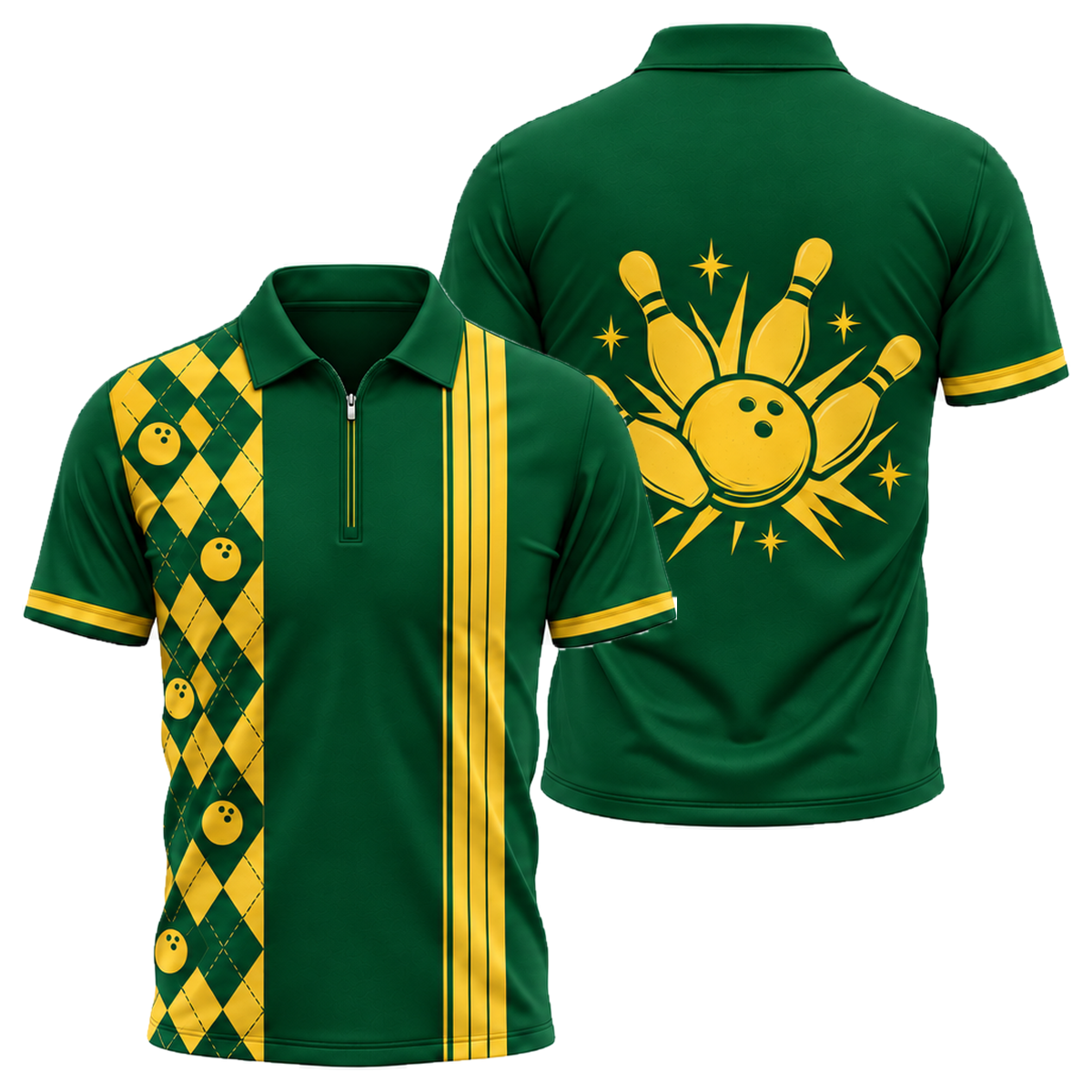 Diamond Lanes Classic Quarter-Zip Polo in Green & Gold