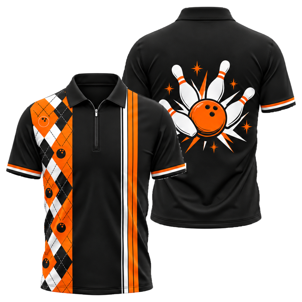 Diamond Lanes Classic Quarter-Zip Polo in Orange & Black