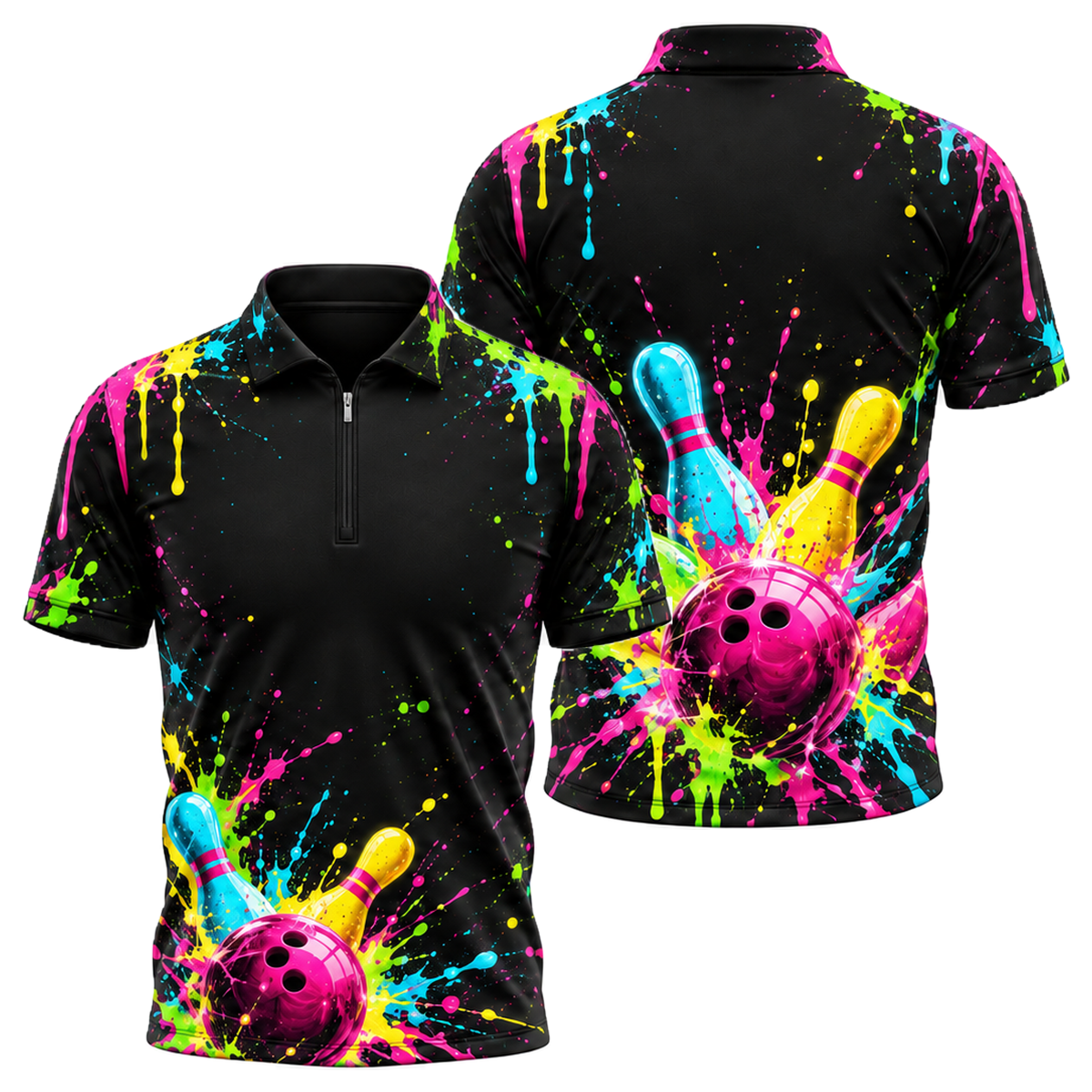 Neon Paint Blast Quarter-Zip Polo in Pink & Black