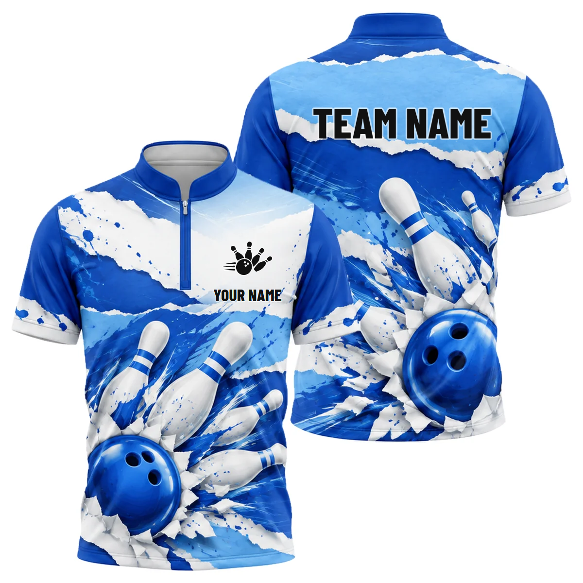 Cobalt Brushstroke Strike custom bowling shirt personalized with name and team name
