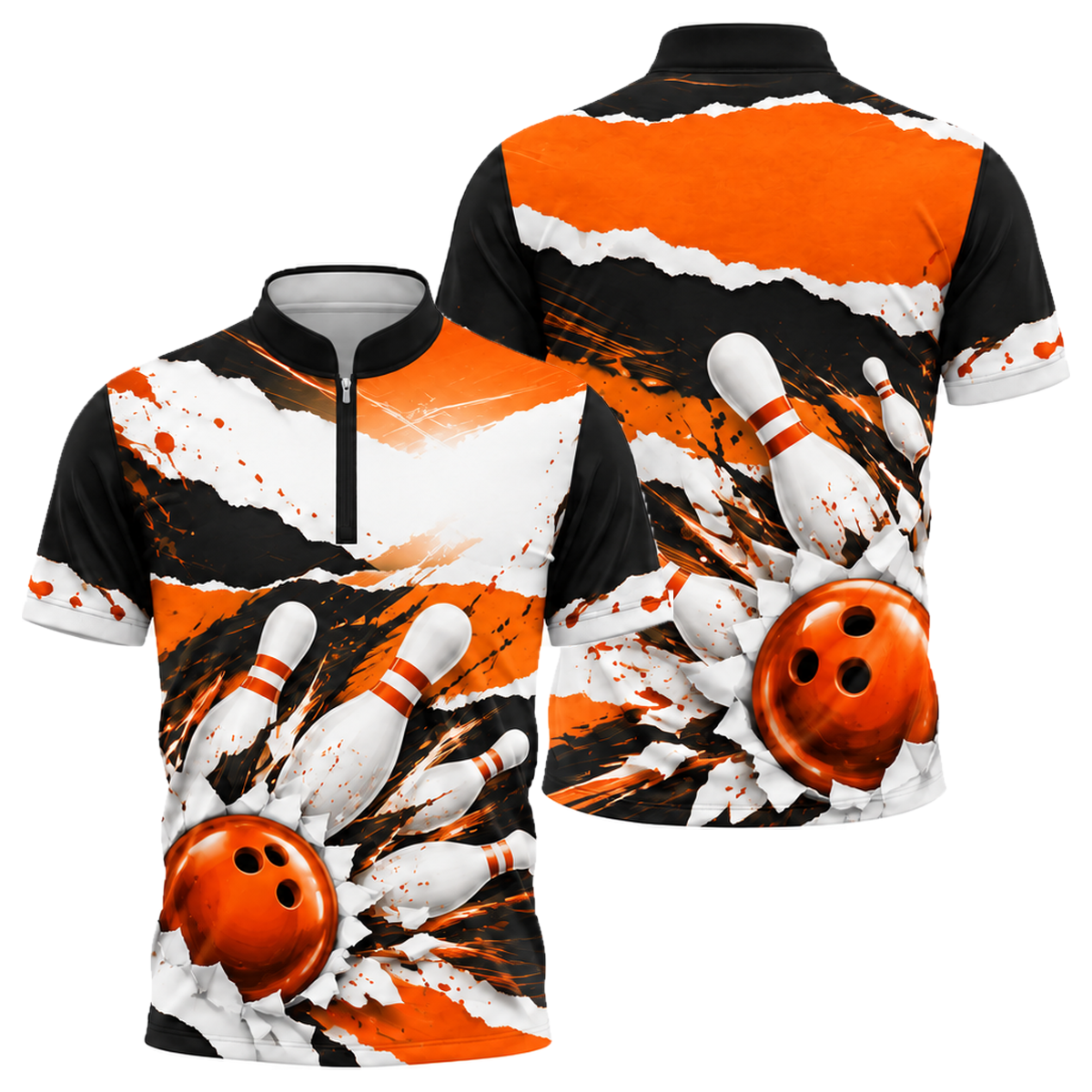 Cobalt Brushstroke Strike Bowling Jersey in Orange & Black