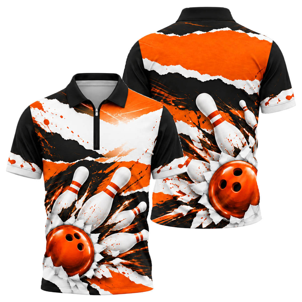 Cobalt Brushstroke Strike Quarter-Zip Polo in Orange & Black