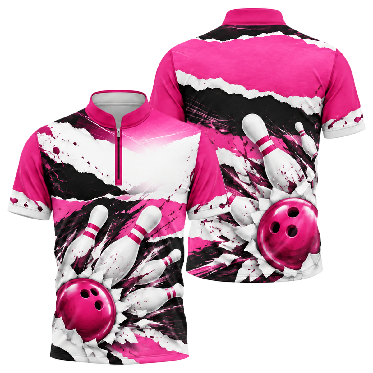 Cobalt Brushstroke Strike Bowling Jersey in Pink & Black