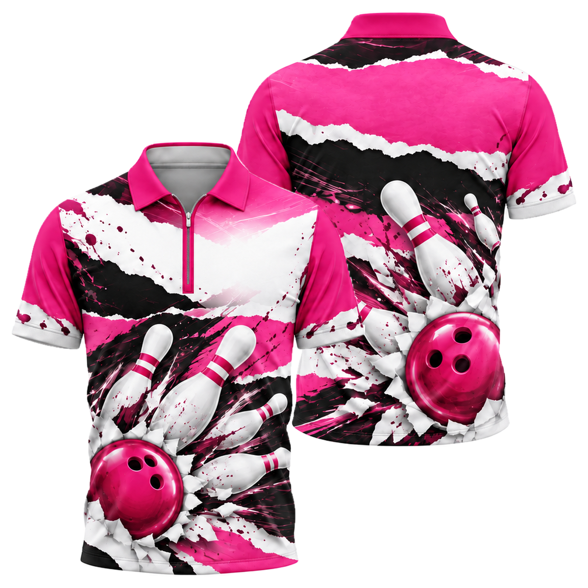 Cobalt Brushstroke Strike Quarter-Zip Polo in Pink & Black