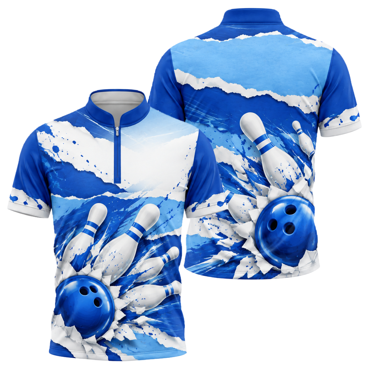 Cobalt Brushstroke Strike Bowling Jersey in Royal & White