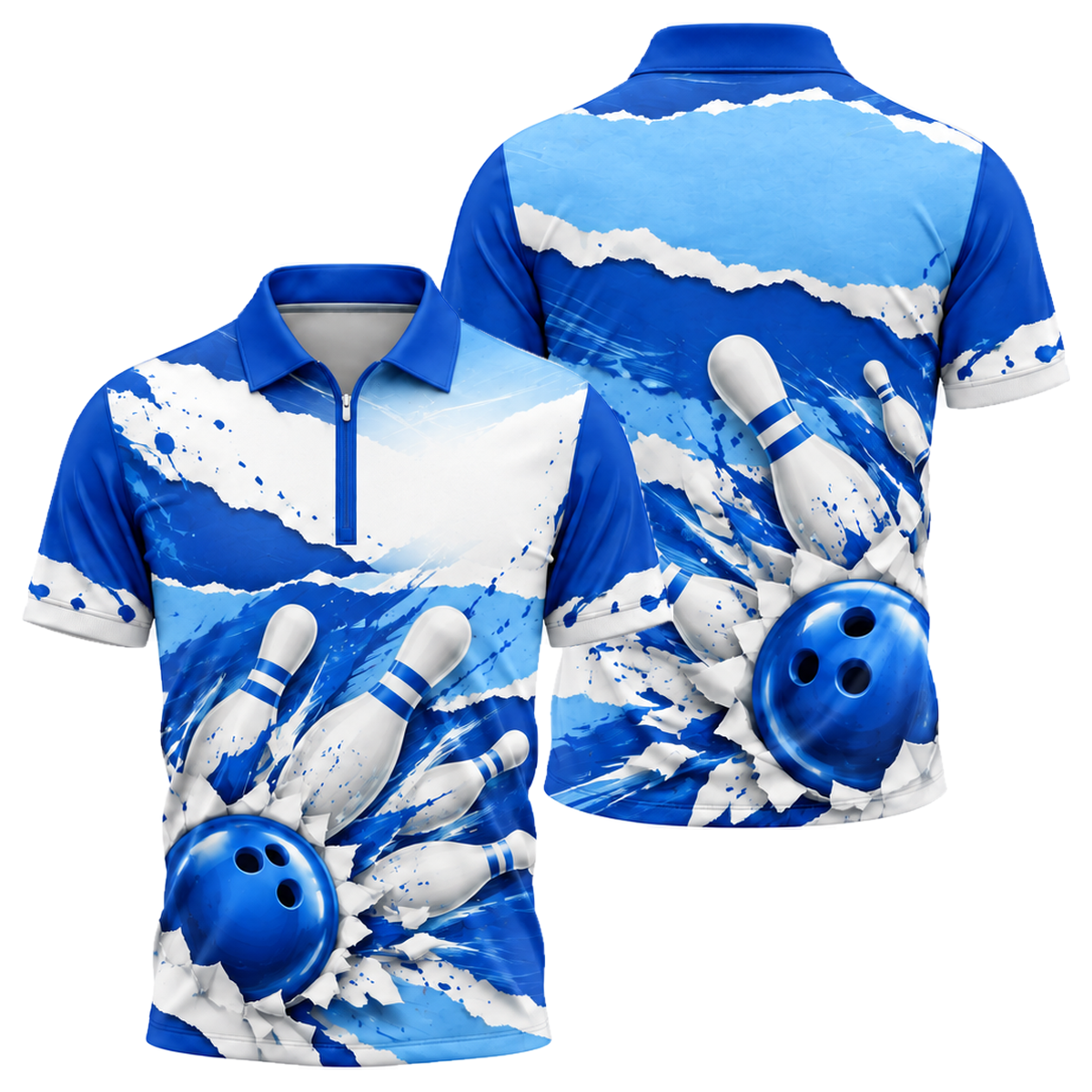Cobalt Brushstroke Strike Quarter-Zip Polo in Royal & White