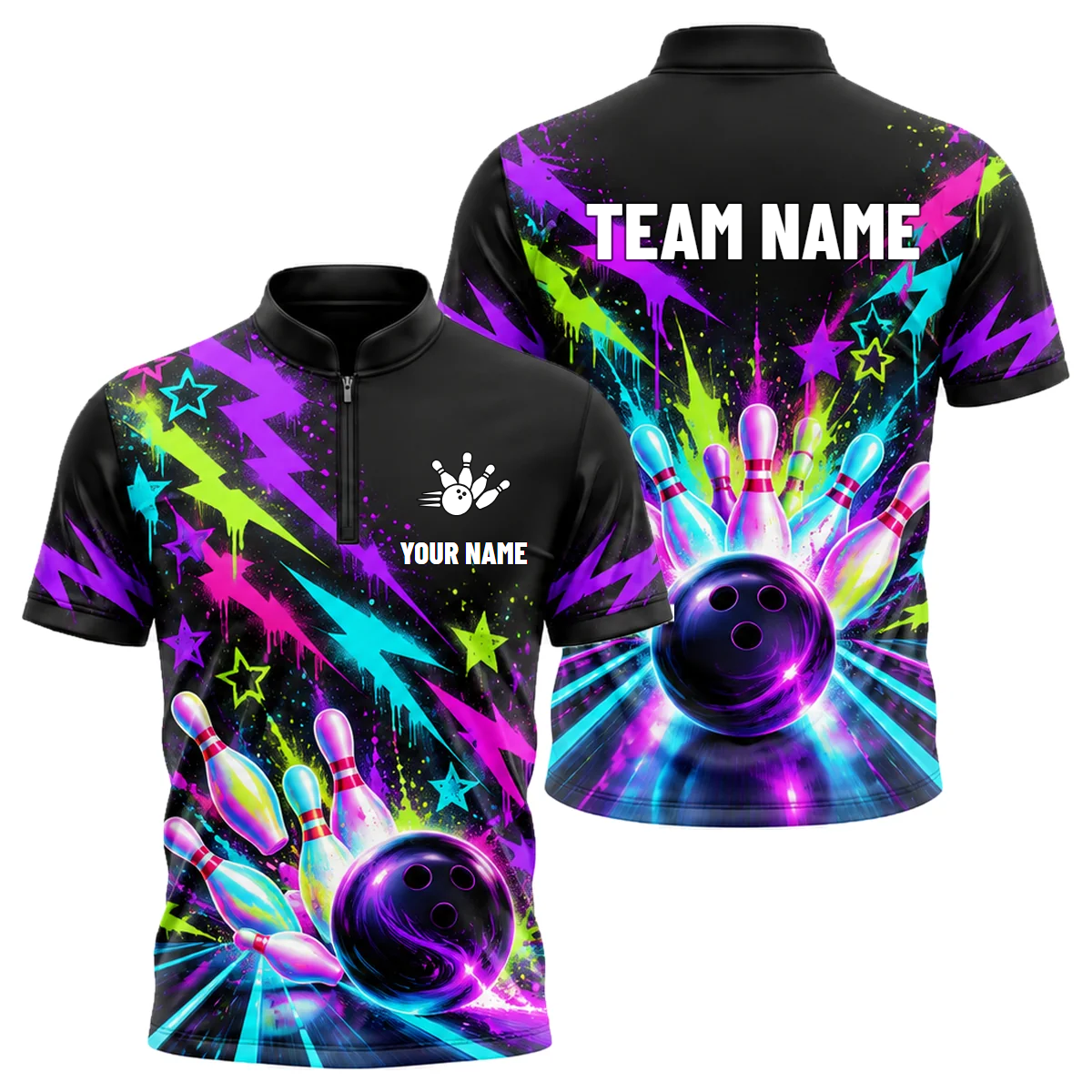 Neon Graffiti Lanes custom bowling shirt personalized with name and team name